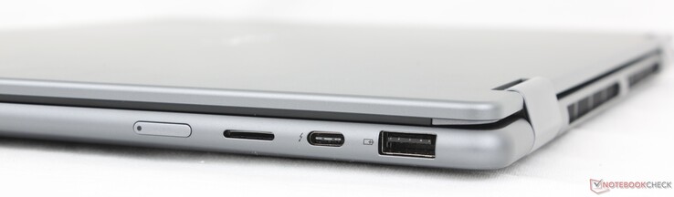 Derecha: Botón de encendido, lector MicroSD, USB-C 4.0 con Thunderbolt 4, DisplayPort 2.1 + Power Delivery 3.0, USB-A 3.2 Gen. 1