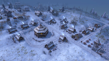 Una imagen en la que se ve un pueblo nevado en «Farthest Frontier».