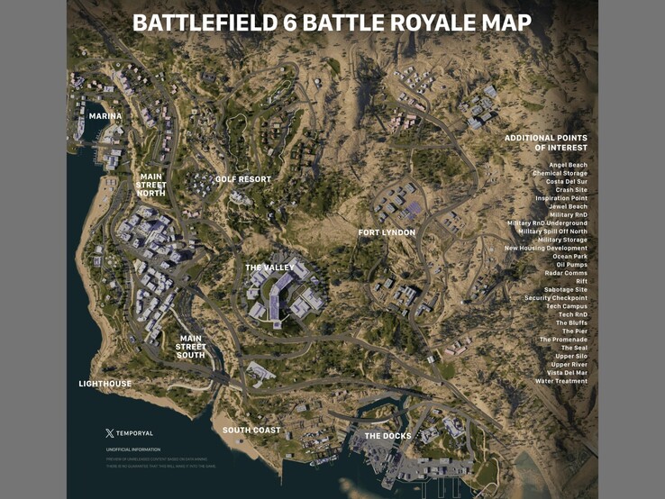 Supuesto mapa de Battlefield 6 battle-royale con ubicaciones y puntos de interés. (Fuente de la imagen: Battlefield subreddit, vía temporyal)