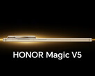 El Magic V5 en su rumoreada opción de color "Silk Gold". (Fuente de la imagen: Honor - editado)
