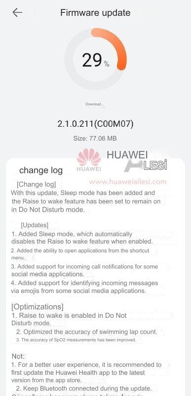 Huawei Watch Fit 2 software versión 2.1.0.211 changelog. (Fuente de la imagen: Huawei Ailesi con Google Translate)