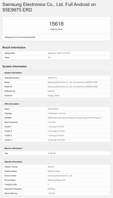 Un supuesto Exynos 2700 en la prueba OpenCL de Geekbench.