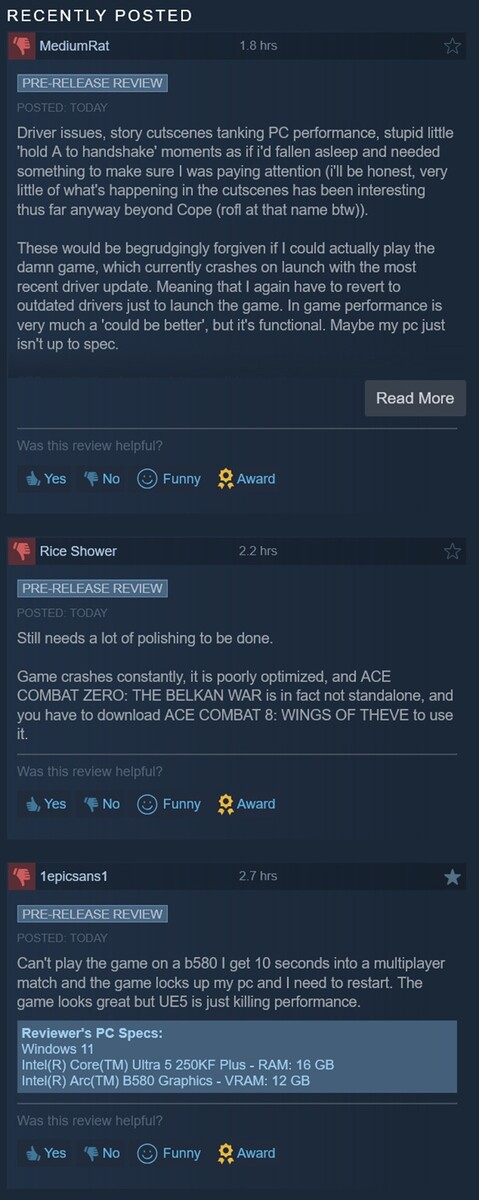 Se muestran reseñas negativas de Ace Combat 8: Wings of Theve en Steam