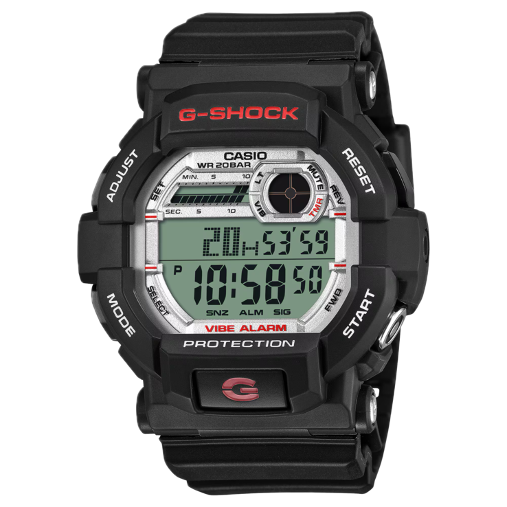 Vista frontal del G-Shock GD-350S, en la que se aprecia su caja negra y su pantalla digital.