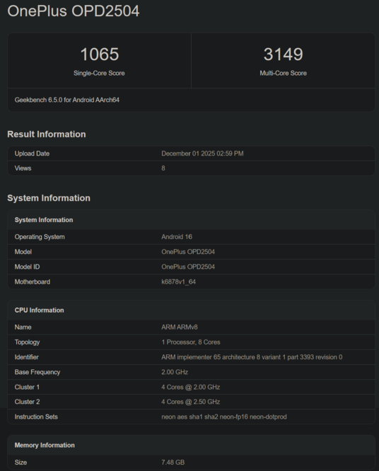 Listado de Geekbench del OnePlus Pad Go 2 (fuente de la imagen: Geekbench)