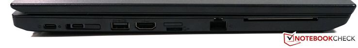 Izquierda: USB-C Gen.1, conector lateral (USB-C Gen.1 + red), USB 3.1 Type-A, HDMI 1.4b, nano-SIM, microSD, RJ45, SmartCard