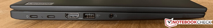 Izquierda: 2x USB-C 4.0 (40 GBit/s, Power Delivery 3.0, DisplayPort Alt Mode 1.4), HDMI 2.1, USB-A 3.2 Gen.1 (5 GBit/s, con alimentación), audio de 3,5 mm