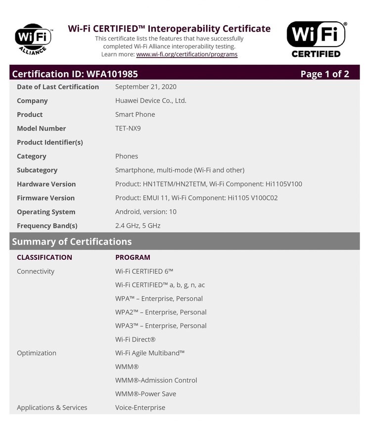 El certificado de Wi-Fi para el "Huawei Mate X2". (Fuente: Alianza Wi-Fi a través de MyFixGuide)