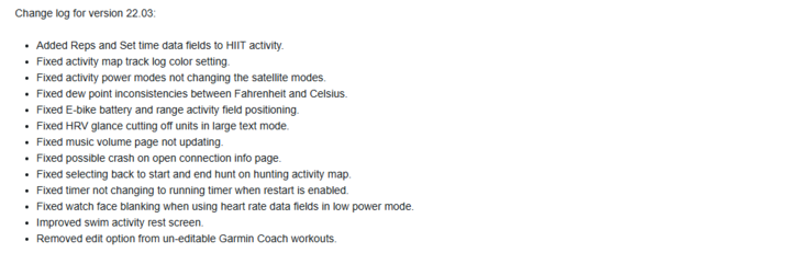 Las notas de la versión beta de la actualización 22.03 de Garmin para el Fenix 7. (Fuente de la imagen: Garmin)