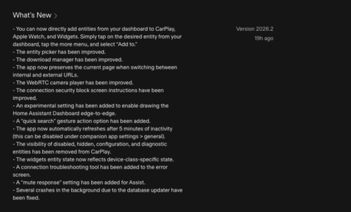 El registro de cambios de la versión 2026.2 de la aplicación para iOS del Asistente Doméstico