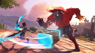 Una imagen que muestra una batalla contra un minotauro en Inmortales Fenyx Rising.