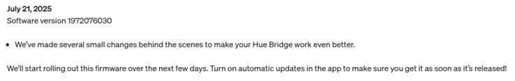 Las notas de la versión del firmware del puente Philips Hue Bridge 1972076030. (Fuente de la imagen: Philips Hue)
