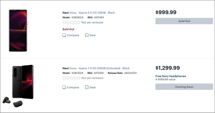 Precios del Sony Xperia 5 III y del Xperia 1 III. (Fuente de la imagen: Best Buy)