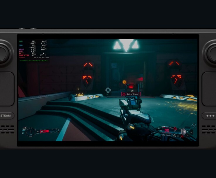 Juego de Borderlands 4 ejecutándose en la Steam Deck, mostrando una superposición de rendimiento en pantalla con estadísticas de GPU, CPU, VRAM y FPS visibles durante el juego (Fuente de la imagen: ETA PRIME vía YouTube)