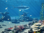 Captura de pantalla del DLC gratuito InZOI Island Getaway en la que se ven tiburones y peces en aguas poco profundas