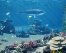 Captura de pantalla del DLC gratuito InZOI Island Getaway en la que se ven tiburones y peces en aguas poco profundas