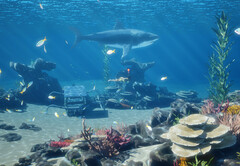 Captura de pantalla del DLC gratuito InZOI Island Getaway en la que se ven tiburones y peces en aguas poco profundas