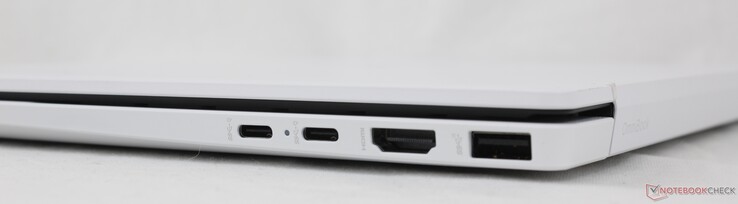 Derecha: 2x USB-C 1/ DisplayPort 2.1 + Power Delivery (10 Gbps), HDMI 2.1, USB-A (10 Gbps)