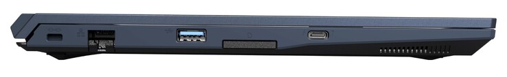 ...el lado izquierdo: Cerradura Kensington, RJ45 LAN, USB-A 3.2 Gen1, lector de tarjetas, USB-C 4.0 Gen3x2 (incl. Thunderbolt 4 &amp; DisplayPort 1.4)