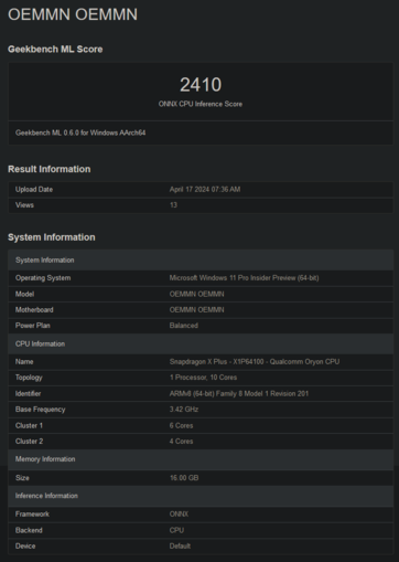Puntuaciones en Geekbench del Snapdragon X Plus X1P64100 (imagen vía Geekbench)