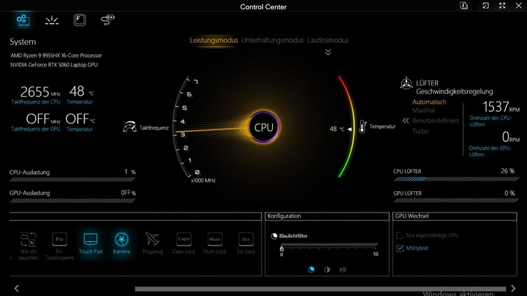 Perfiles de rendimiento en el centro de control del Apex 17