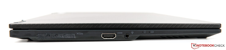 Izquierda: Interfaz ROG XG Mobile que incluye 1x USB 3.2 Gen 2 Type-C, 1x HDMI 2.0b, 1x jack de audio combo de 3.5 mm