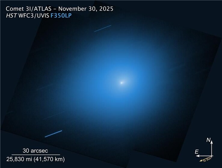 Imagen tomada por el telescopio espacial Hubble el 30 de noviembre de 2025, que muestra el cometa 3I/ATLAS. (Fuente de la imagen: NASA, ESA, STScI, D. Jewitt (UCLA), M.-T. Hui (Observatorio Astronómico de Shangai). Procesamiento de imágenes: J. DePasqua