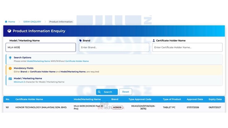 El Honor Pad 20 ha obtenido la certificación SIRIM de Malasia.