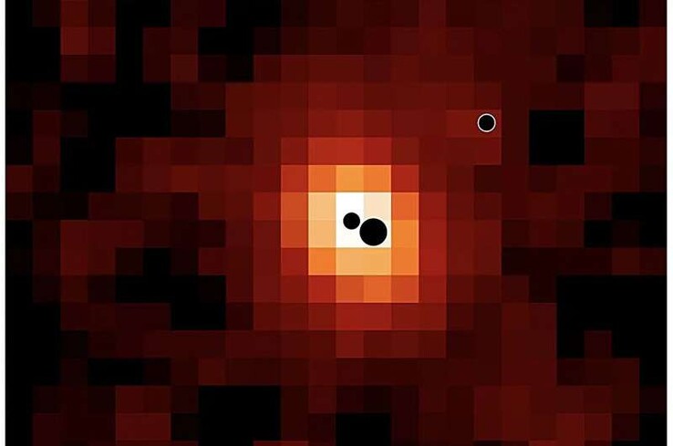 Un mapa en el que se muestra la galaxia J0148-4214 y sus tres agujeros negros.