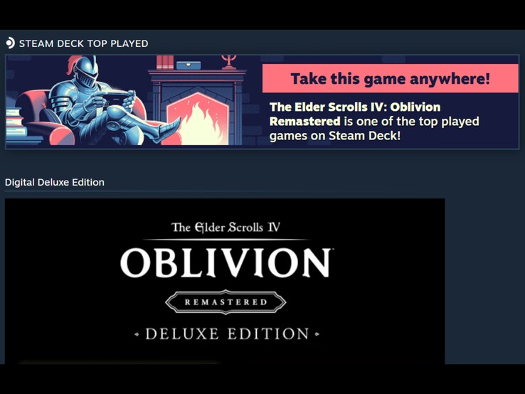 Una captura de pantalla de un banner publicitario de Steam en el que se promociona «The Elder Scrolls IV: Oblivion Remastered» como uno de los juegos más jugados en la Steam Deck.