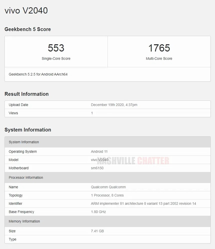 El "vivo v2040" en el Geekbench 5. (Fuente: Geekbench vía Nashville Chatter)