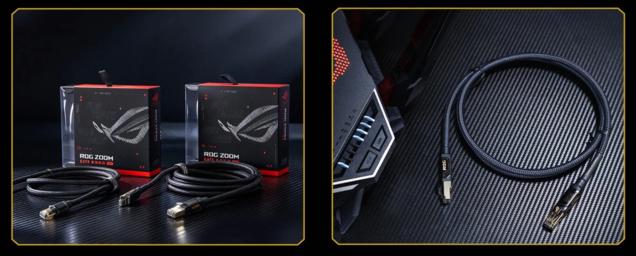 Asus ROG Zoom. Una funda trenzada de alta densidad lo protege contra la abrasión y los tirones, mientras que los conectores RJ-45 utilizan un blindaje de cobre chapado en oro.