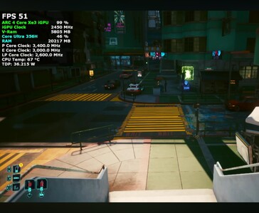 Cyberpunk 2077 funcionando en un mini PC Intel Core Ultra 7 356H a 51 FPS
