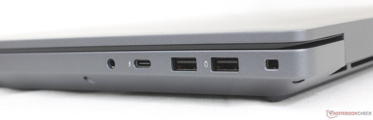 Derecha: auriculares de 3,5 mm, USB-C Thunderbolt 4 (40 Gbps) con DisplayPort 2.1 + Power Delivery, USB-A 3.2 Gen. 1, ranura para candado
