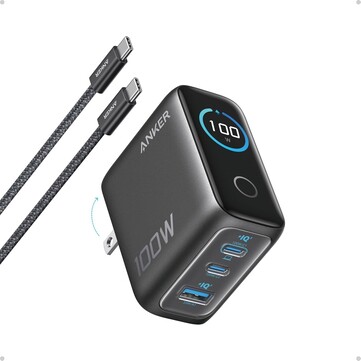El cargador Anker (100 W, 3 puertos, pantalla inteligente) viene con dos puertos USB-C, un puerto USB-A, puntas plegables y un cable USB-C incluido. (Fuente de la imagen: Anker)