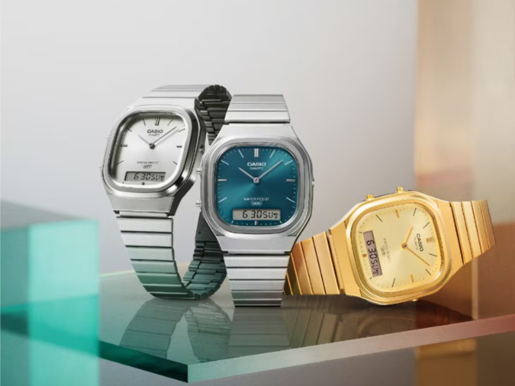 Los relojes Casio AQ-240E-7A (izquierda), AQ-240E-3A (centro) y AQ-240EG-9A (derecha). (Fuente de la imagen: Casio)