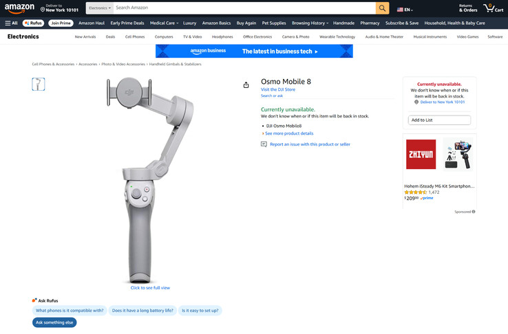 Un listado de productos del Osmo Mobile 8 con una imagen de producto del Osmo Mobile 4 utilizada como marcador de posición. (Fuente de la imagen: Amazon)