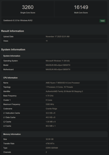 Listado de Ryzen 7 9850X3D en Geekbench (fuente de la imagen: Geekbench)