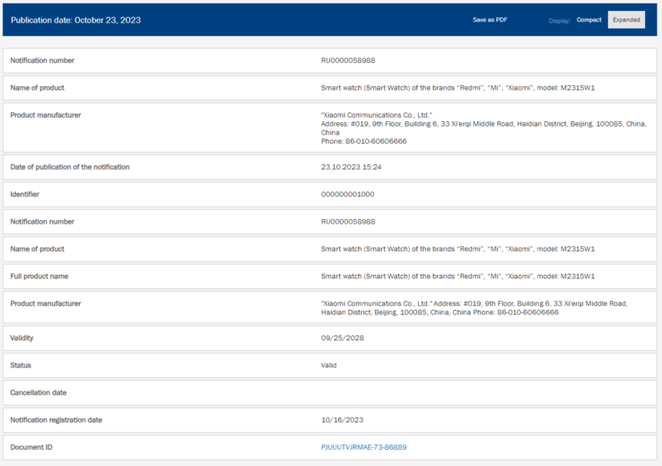 La certificación CEE de un smartwatch Redmi con el número de modelo M2315W1. (Fuente de la imagen: NRRA)