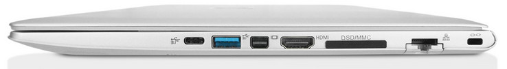 Right: USB Type-C with Thunderbolt 3, USB 3.1 Type-A Gen1, MiniDisplayPort 1.3, HDMI 1.4b with HDCP (max. 2560X1600@60Hz; 3840x2160@30Hz), card reader, Gigabit-LAN port, Kensington Lock