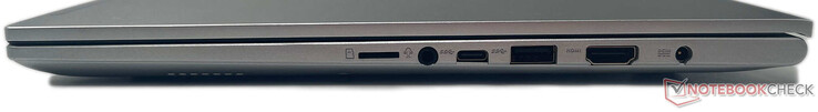 Derecha: lector de microSD, conector de audio combinado de 3,5 mm, USB 3.2 Gen1 Tipo-C, USB 3.2 Gen1 Tipo-A, salida HDMI 1.4, entrada de CC
