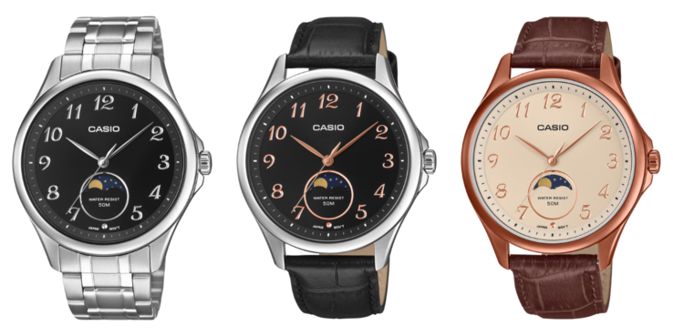 De izquierda a derecha: los relojes Casio MTP-M110D-1AV, MTP-M110L-1AV y MTP-M110RL-5AV. (Fuente de la imagen: Casio)