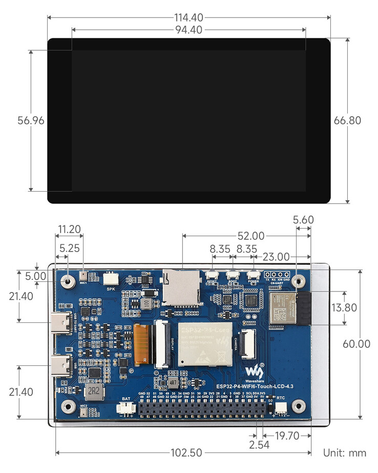 Dibujo mecánico de la pantalla táctil ESP32-P4 de 4,3 pulgadas con dimensiones detalladas de la placa y la carcasa (en mm)