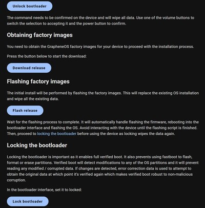 Al igual que la herramienta de recuperación en línea Pixel, 4 clics a través de un instalador en línea es todo lo que se necesita para obtener Graphene instalado (Fuente de la imagen: GrapheneOS)