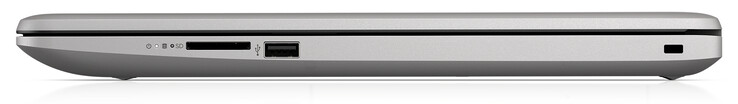 Lado derecho (modelo sin ODD): Lector de tarjetas SD, USB 2.0 Tipo A, cerradura
