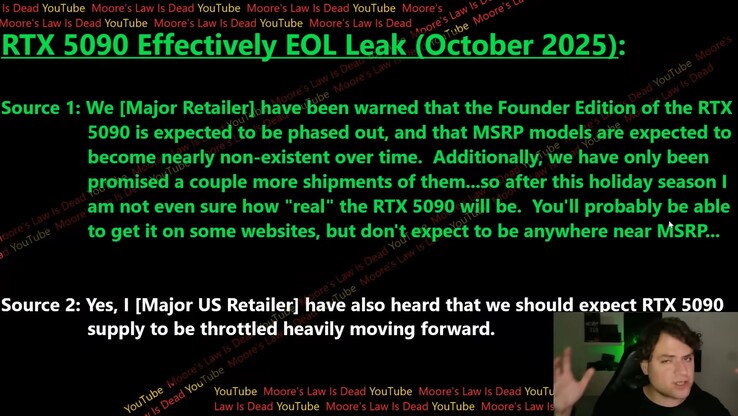 Según los informes, el suministro de RTX 5090 se reducirá considerablemente en los próximos meses. (fuente de la imagen: Moore's Law Is Dead)