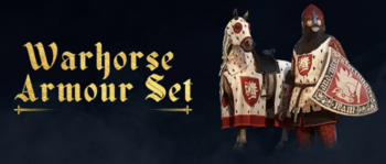 El set de armadura Warhorse incluye el Bascinet, las Botas, el Caparison, los Guanteletes, la Armadura de Pierna, el Pourpoint, el Escudo y el Waffenrock. (Fuente de la imagen : Warhorse Studios)