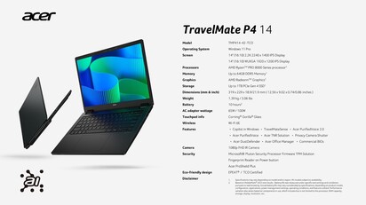 Acer TravelMate P4 14: Especificaciones. (Fuente: Acer)
