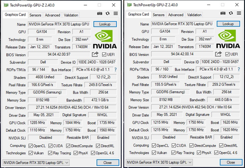 GPU del portátil Alienware m15 R5 RTX 3070 de serie (izquierda), flasheada con la VBIOS del m15 R4 (derecha). (Fuente: EepoSaurus en los foros de Notebookreview)