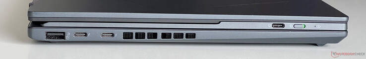 Izquierda: USB-A 3.2 Gen.1 (5 Gbit/s), 2x USB-C 4.0 con Thunderbolt 4 (40 GBit/s, DisplayPort, Power Delivery), USB-C (para cargar el teclado Bluetooth)